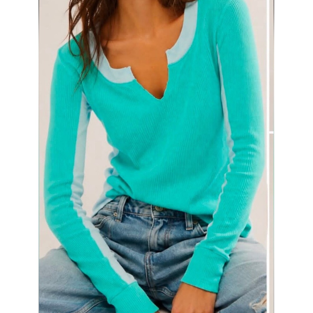 NEW Free People We The Free To The Wild Thermal Green Blue Colorblock Top XS